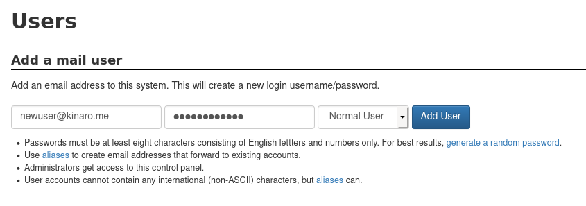 New mail user Adding a new user